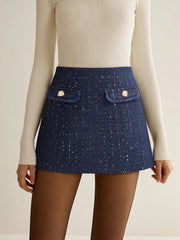 Sequin Tweed Mini Skirt with Decor Pocket