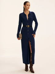 Long Sleeve Button Knit Maxi Dress without Belt