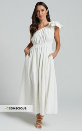 Alby Midi Dress - One Shoulder Bow Dress With Elasticated Waist in White