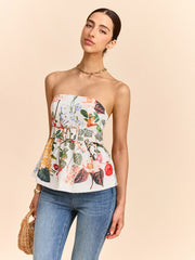 Floral Print Strapless Peplum Top With Belt