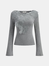 Faux Pearl Decor 3D Floral Fitted Soft Knit Top