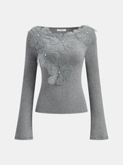 Faux Pearl Decor 3D Floral Fitted Soft Knit Top