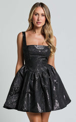 Andree Mini Dress - Metallic Jacquard Full Skirt Mini Dress in Black