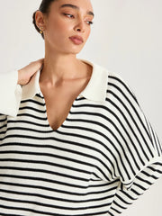 Striped Polo V-Neck Knit Top