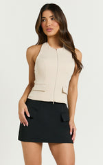 Nina Top - Double Zip Fitted Sleeveless Top in Cream