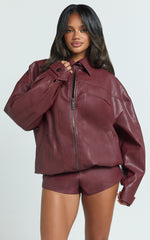 Rosetta Jacket - Oversized Faux Leather Bomber Jacket in Wine