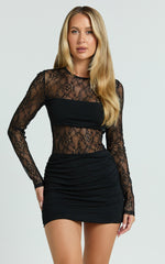 Imelda Mini Dress - Contrast Lace Long Sleeve Ruched Bodycon Dress in Black
