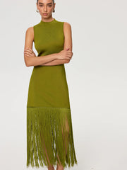 Fringe Hem Tencel Sleeveless Maxi Dress