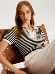 Metal Button Striped Knit Polo Top