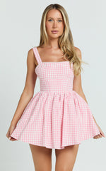 Caitlin Mini Dress - Gingham Square Neck Fit And Flare Dress in Pink