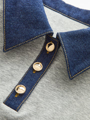Denim Collar Metal Button Polo Sweatshirt