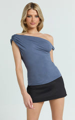 Jialeen Top - Off Shoulder Twist Asymmetrical Sleeve Top in Steel