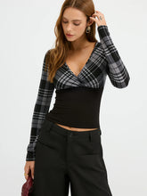 Plaid Paneled Slim-Fit Knit Long Sleeve Blouse