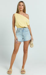 Collins Linen Top - Draped Asymmetrical Neckline Top in Lemon
