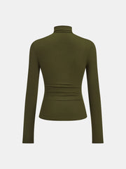 Turtleneck Ruched Decor Button Knit Top
