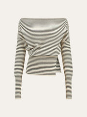 Slit Hem Off-Shoulder Striped Sweater