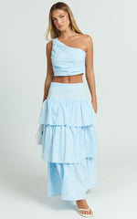 Kaycie Two Piece Set - One Shoulder Asymmetrical Ruched Top and Tiered Midi Skirt Set in Pale Blue