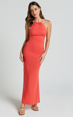 Yuri Midi Dress - High Neck Sleeveless Mermaid Dress in Coral