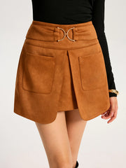 Metal Buckle Slit Suede Effect Mini Skirt