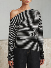 Striped Asymmetric One-Shoulder T-Shirt