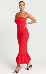 Yvonne Midi Dress - Straight Neck Fit and Flare Dress in Red