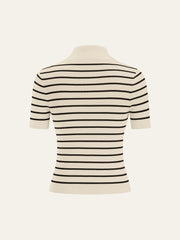 Striped Short-Sleeve Polo Collar Knit Cardigan