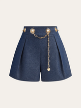 Faux Denim Shorts with Metal Chain Belt