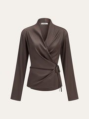 Satin Wrap-Front Long-Sleeve Top