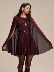 Mesh Cape Sleeve Tie-Waist Mini Dress