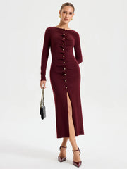 Elegant Long Sleeve Wide Neck Button Front Knit Dress