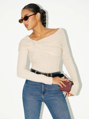 Asymmetric Twist-Front Ribbed Knit Top