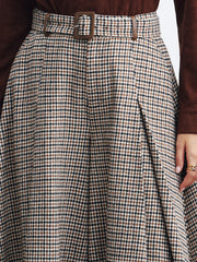High-Waist Belted Houndstooth Wide-Leg Pants