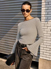 Flared Cuff Backless Striped Bodysuit