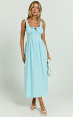 Haylee Midi Dress - Corset Waist Gathered Bust Dress in Blue