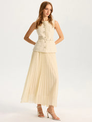 Tweed Sleeveless Vest and Pleated Maxi Skirt Set