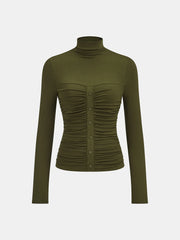 Turtleneck Ruched Decor Button Knit Top