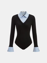 2 in 1 Striped Shirt Panel Ribbed Bodysuit