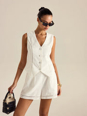 Cotton Button Detail Vest Top With Pockets Shorts Set