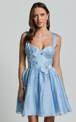 Amalie The Label - Lilou Flower Detail Corset Mini Dress in Light Blue