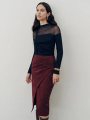 Suede Effect Pleated Slit Midi Skirt