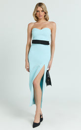 Veronica Midi Dress - Sweetheart Strapless Bow Detail High Split Dress in Blue & Black