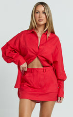 Anziel Top - Oversized Long Sleeve Linen Blend Shirt in Red