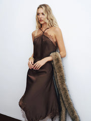 Lace Trim Satin Asymmetric Backless Midi Dress