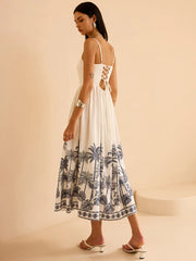 Semi-Sheer Tropical Palm Print Tie-Back Maxi Dress