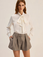 Satin Bow-Tie Neck Long-Sleeve Shirt