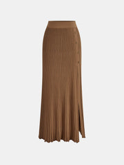 Ribbed Side Slit Button Detail Midi Skirt