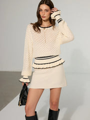 Textured Contrast Ruffled Hem Open-Knit Sweater