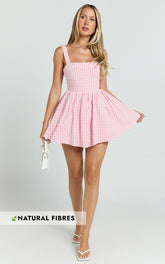 Caitlin Mini Dress - Gingham Square Neck Fit And Flare Dress in Pink