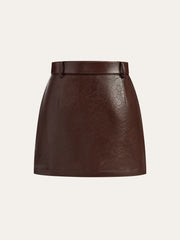 Jacquard Trim PU Leather Mini Skirt with Belt
