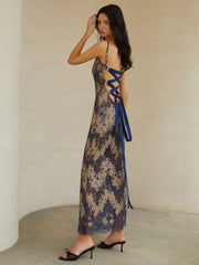 Semi-Sheer Midnight Garden Lace Up Cami Long Dress